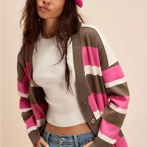 Free People "League of Her Own Cardigan Pink and Brown Stripped, Oversized, Knit